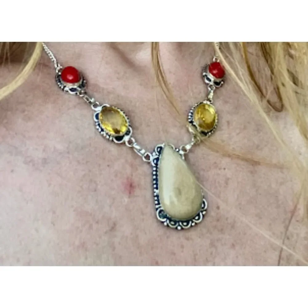 Earthy southwestern boho artisan made jasper coral citrine necklace